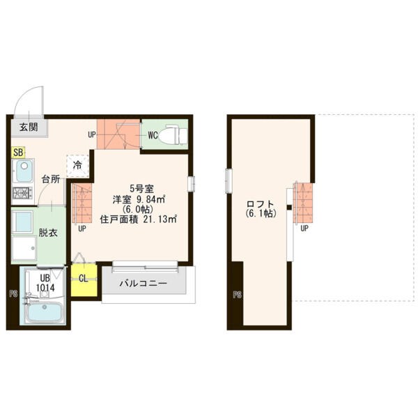 アップザイツ 間取図　洋室6帖　ロフト6.1帖　脱衣洗面所