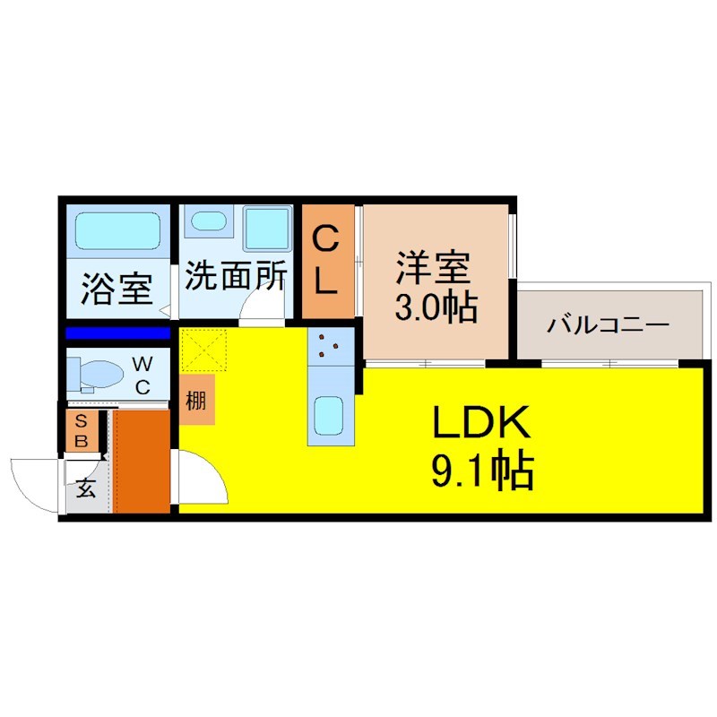 グリーンブリーズ本陣 間取図　ＬＤＫ9.1帖　洋室3.0帖