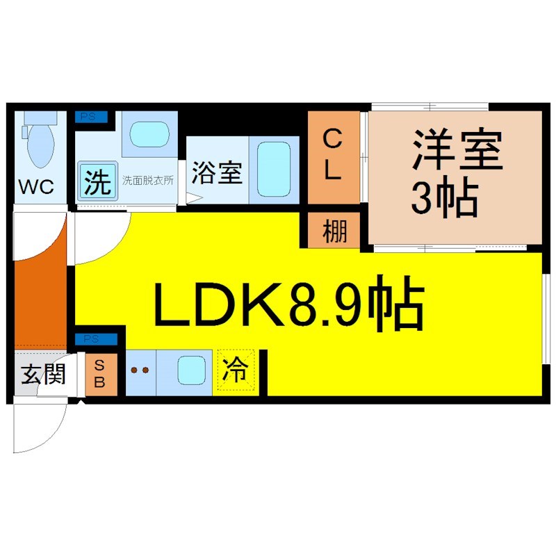 リーデンス名古屋駅西 間取図　LDK8.9帖　洋室3.0帖　