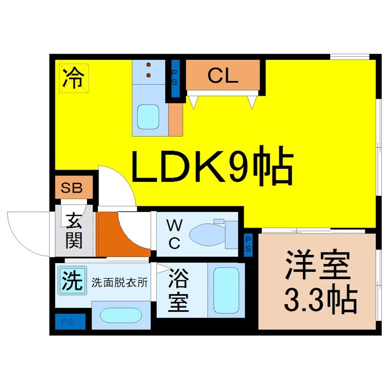 リーデンス名古屋駅西 間取図　LDK9.0帖　洋室3.3帖　