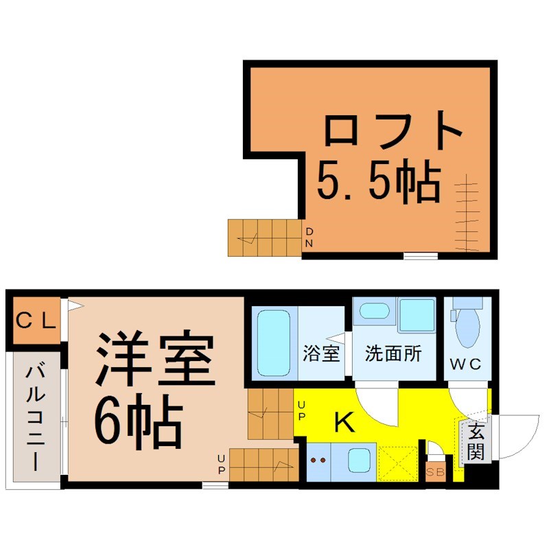 ハーモニーテラス柳原II 間取図　洋室6帖　ロフト5.5帖　脱衣洗面所　バルコニー