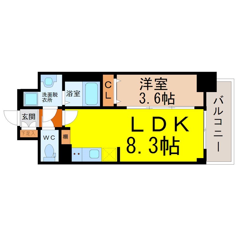 SOLメイクス浄心天神山 間取図　ＬＤＫ8.3帖　洋室3.6帖　脱衣洗面所