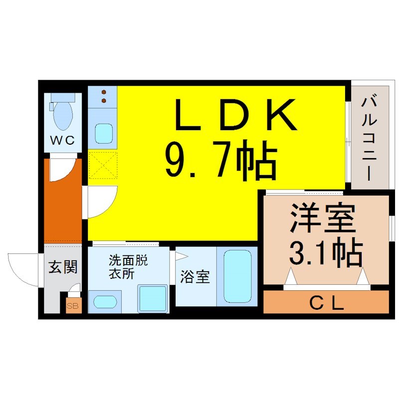 ＬＥＣＯＣＯＮ大同 間取図　ＬＤＫ9.7帖　洋室3.1帖　脱衣洗面所