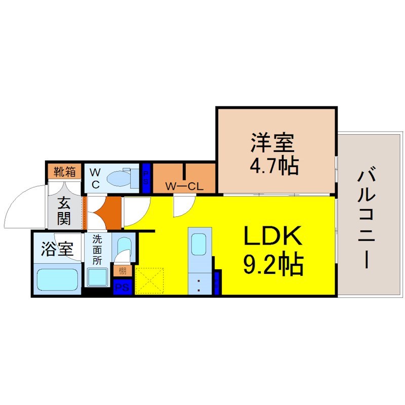 オープンレジデンシア金山 間取図　ＬＤＫ9.2帖　洋室4.7帖　カウンターキッチン