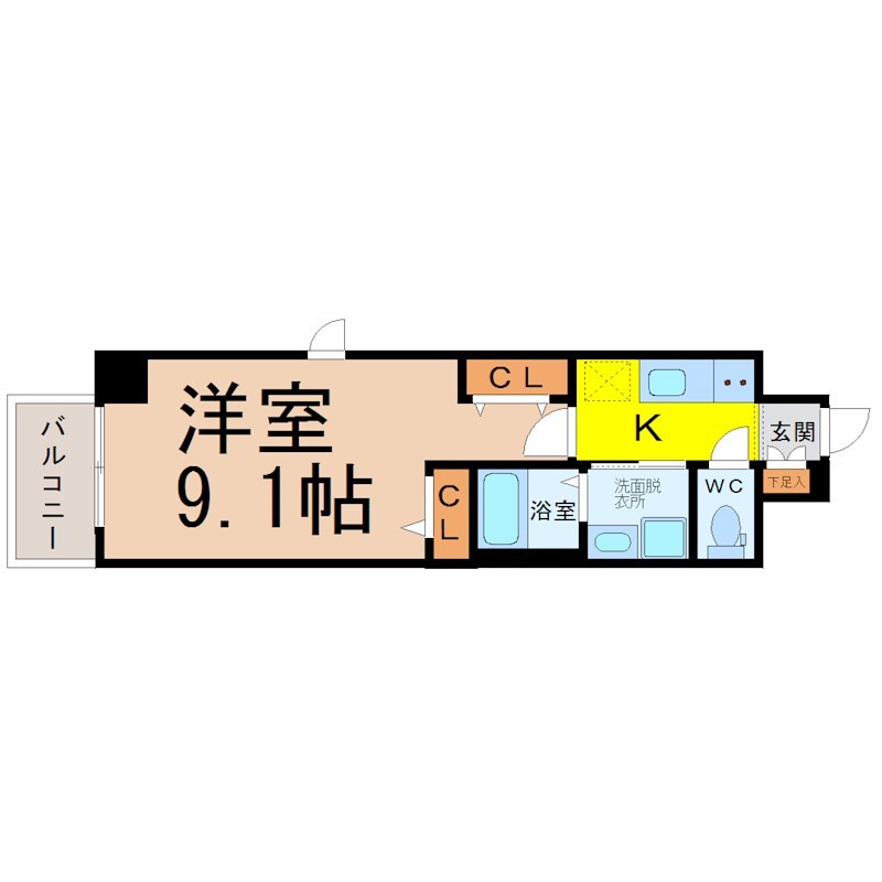 パルティール名西 間取図　洋室9.1帖　脱衣洗面所　クローゼット付　