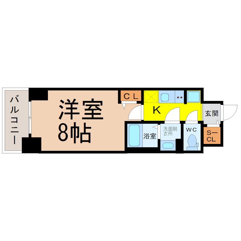 Ｌ＆Ｃレジデンス鶴舞公園 間取図　洋室8帖　脱衣洗面所　クローゼット付　バルコニー