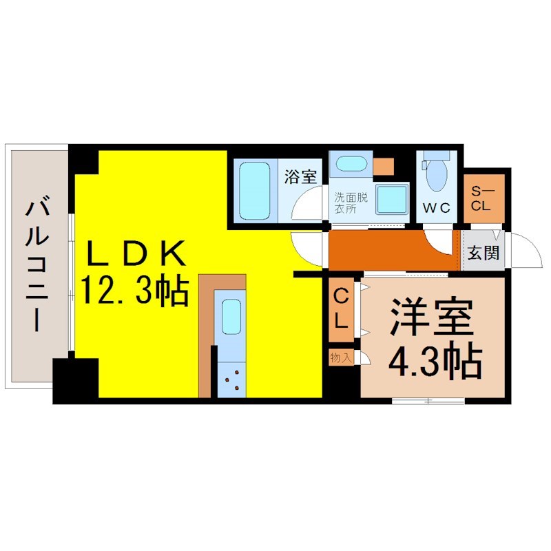 Ｌ＆Ｃレジデンス鶴舞公園 間取図　ＬＤＫ12.3帖　洋室4.3帖　カウンターキッチン