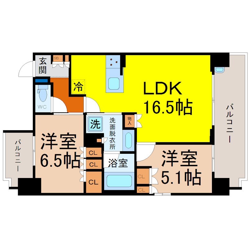 グランパセオ名駅那古野 間取図　ＬＤＫ16.5帖　洋室5.1帖　洋室6.5帖