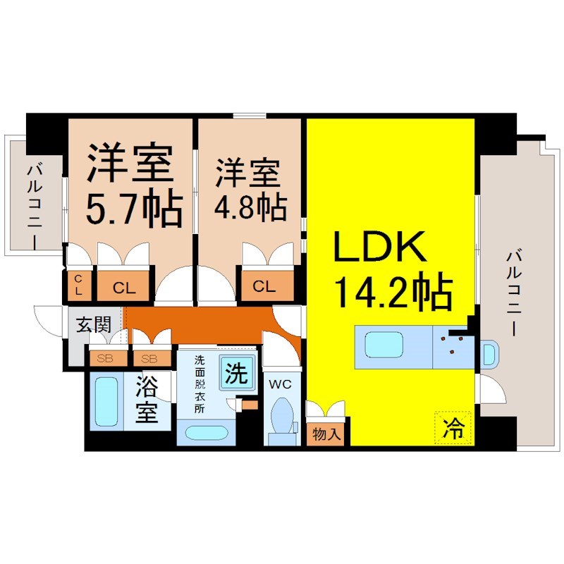 グランパセオ名駅那古野 間取図　ＬＤＫ14.2帖　洋室4.8帖　洋室5.7帖