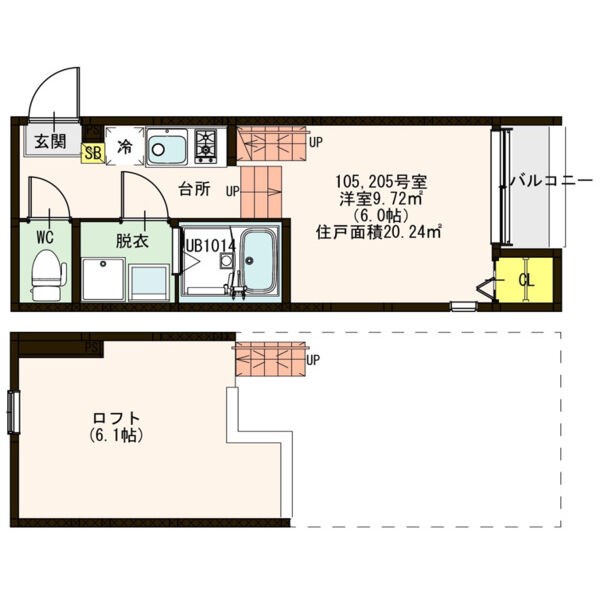 Ｓｏｕｔｈｅｒｎ Ｇａｔｅ（サザンゲート） 間取図　洋室6帖　ロフト6.1帖　脱衣洗面所　バルコニー