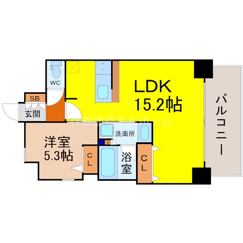 プレサンス ロジェ 車道駅前SOUTH 間取図　ＬＤＫ15.2帖　洋室5.3帖　カウンターキッチン