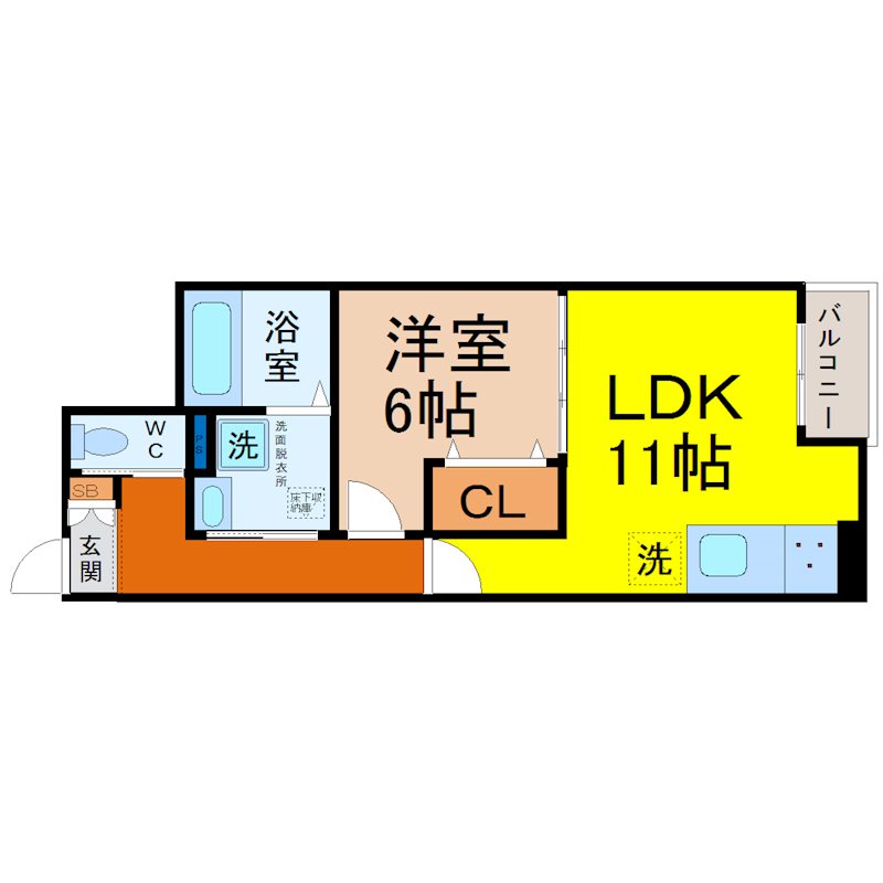フロンティア 間取図　ＬＤＫ11帖　洋室6帖　脱衣洗面所