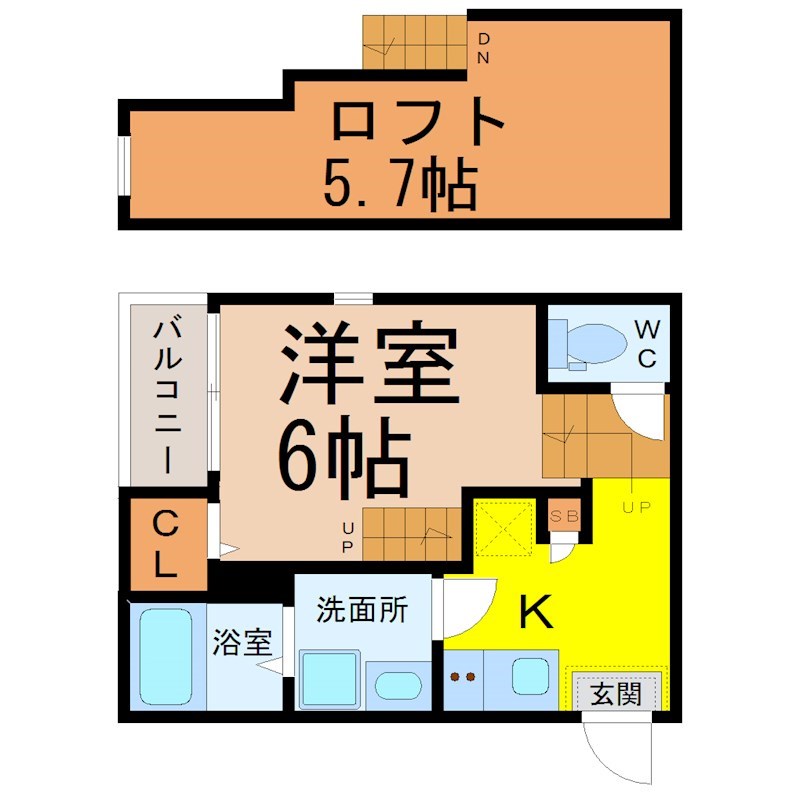 ハーモニーテラス大高町天神 間取図　洋室6帖　ロフト5.7帖　脱衣洗面所