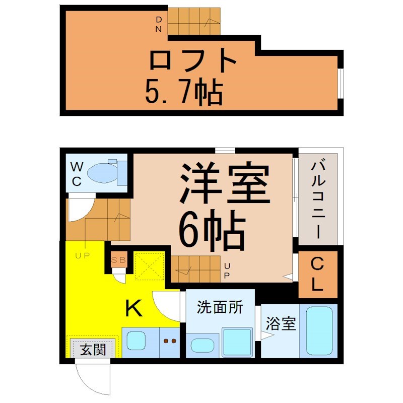 ハーモニーテラス大高町天神 間取図　洋室6帖　ロフト5.7帖　脱衣洗面所