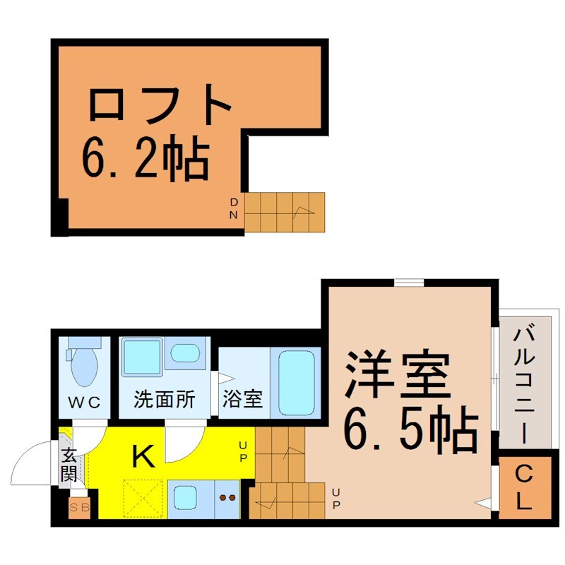 ハーモニーテラス大高町天神 間取図　洋室6.5帖　ロフト6.2帖　脱衣洗面所