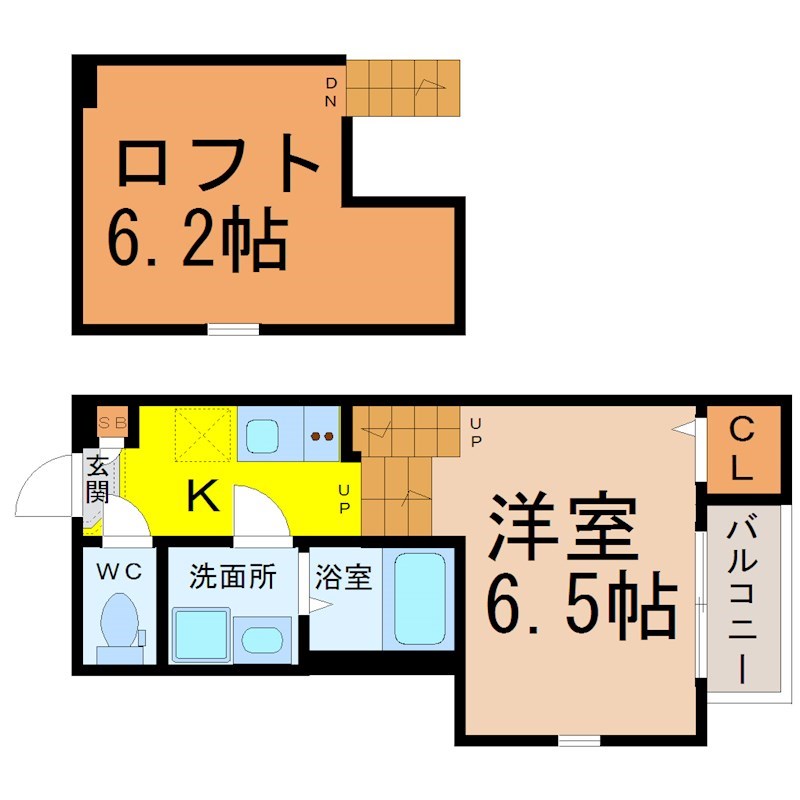 ハーモニーテラス大高町天神 間取図　洋室6.5帖　ロフト6.2帖　脱衣洗面所