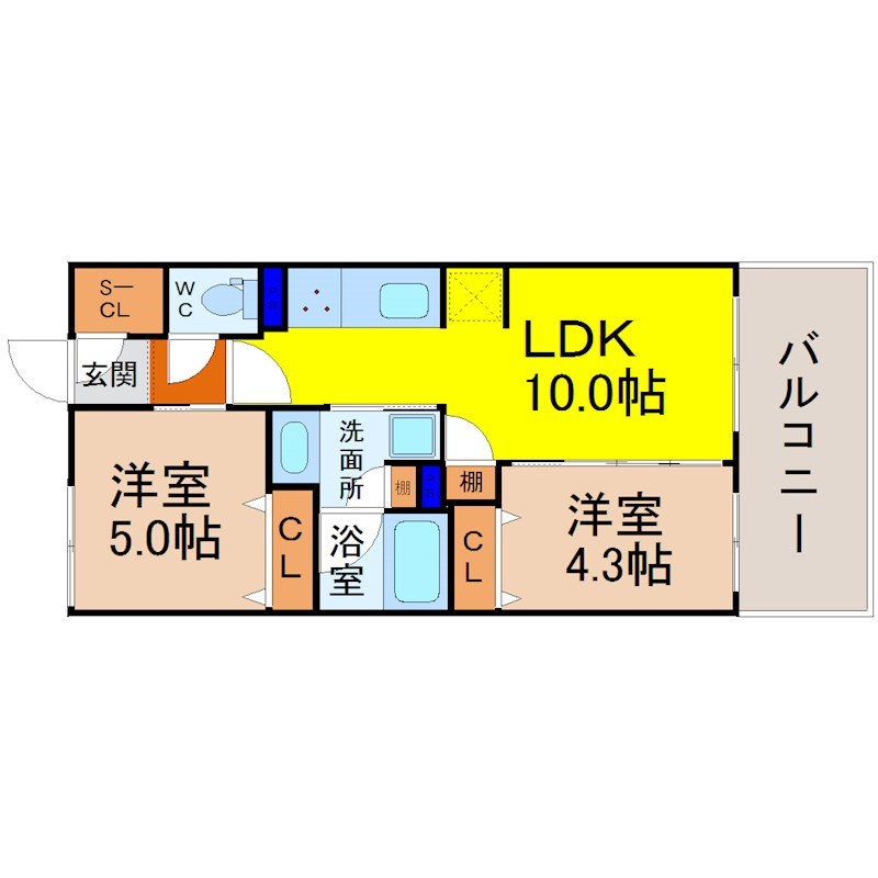 プレサンス　ロジェ　名古屋浅間町ザ・レジデンス 間取図　ＬＤＫ10.0帖　洋室4.3帖　洋室5.0帖