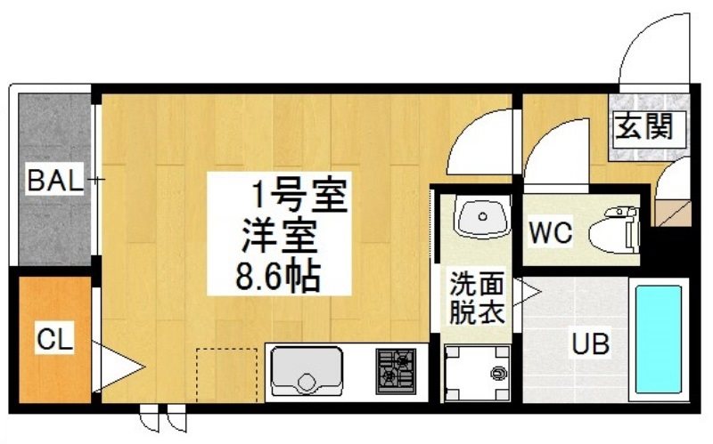 ＧＲＡＮＤＴＩＣ金山駅東 間取図　洋室8.6帖　脱衣洗面所　バルコニー