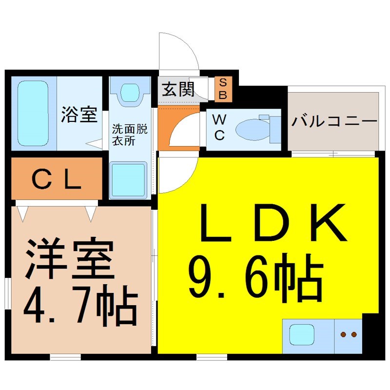 ＧＲＡＣＥ大曽根 間取図　ＬＤＫ9.6帖　洋室4.7帖　脱衣洗面所　バルコニー