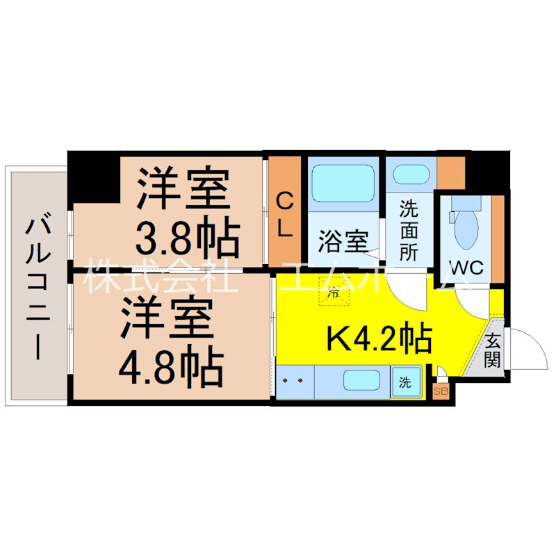 セントフィオーレ岩塚 間取り　LDK8.2帖　洋室3.9帖　脱衣洗面所　バルコニー