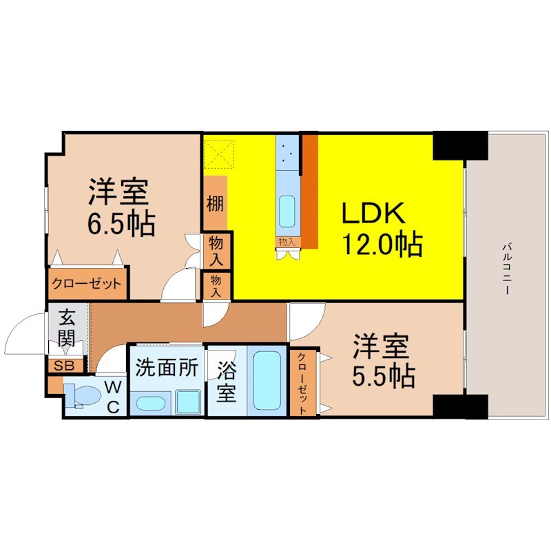グランドゥール瑞穂通 間取図　ＬＤＫ13.8帖　洋室5.5帖　洋室6.5帖　カウンターキッチン