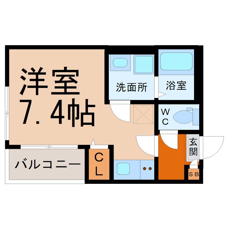 メゾン・ド・ボヌール名古屋 間取図　洋室7.4帖　脱衣洗面所　バルコニー