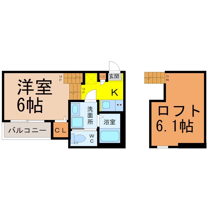 泰心ハイランドパーク 間取図　洋室6帖　ロフト6.1帖　脱衣洗面所　バルコニー