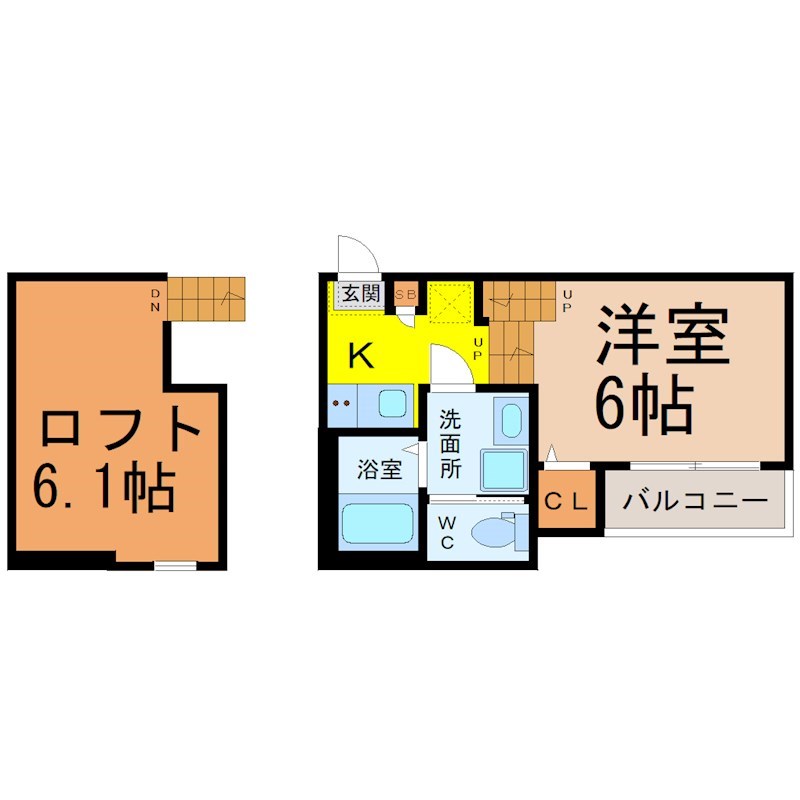 泰心ハイランドパーク 間取図　洋室6帖　ロフト6.1帖　脱衣洗面所　バルコニー