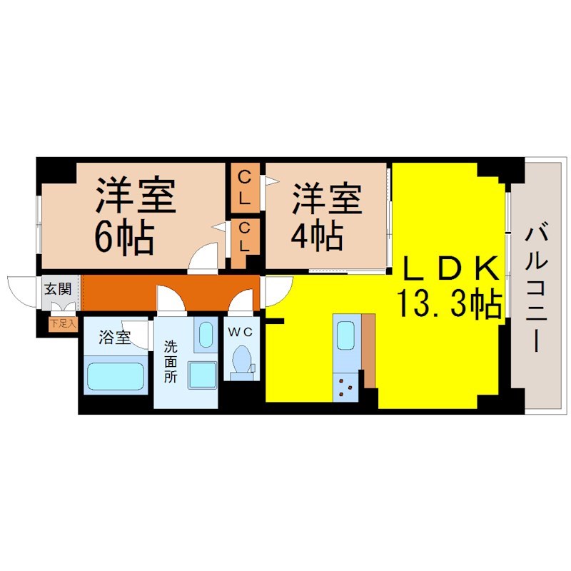 ストラーダ浅間 間取図　ＬＤＫ13.3帖　カウンターキッチン　脱衣洗面所