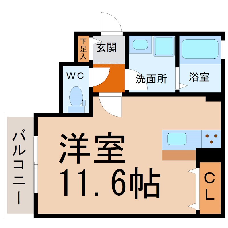フォレストビレッジ大正町 間取図　洋室11.6帖　脱衣洗面所　クローゼット付