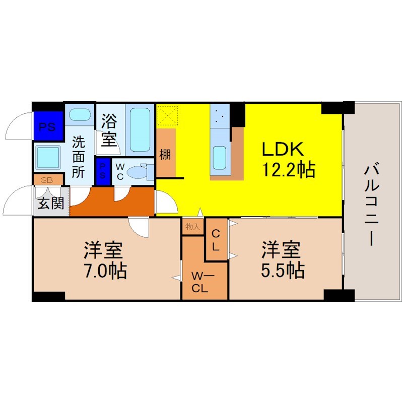 スタシオン川名公園 間取図　LDK12.2帖　洋室5.5帖　洋室7.0帖　南面バルコニー