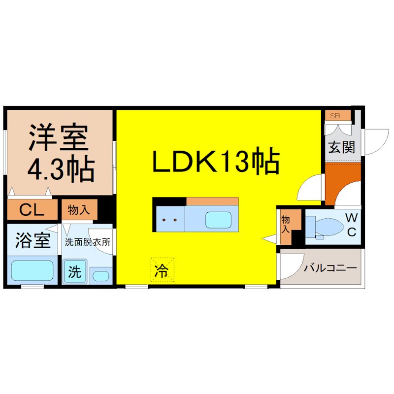 MS 佐古前 間取り　LDK13.0帖　洋室4.3帖　南面バルコニー