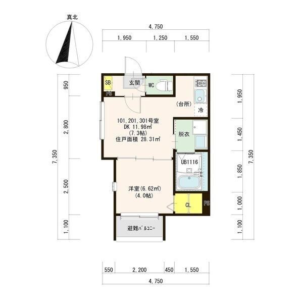 ハーモニーテラス笠寺町姥子山 間取図　ＤＫ7.3帖　洋室4帖　脱衣洗面所　バルコニー