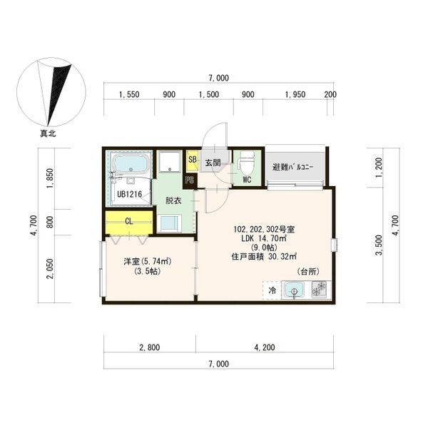 ハーモニーテラス笠寺町姥子山 間取図　ＬＤＫ9帖　洋室3.5帖　脱衣洗面所　バルコニー