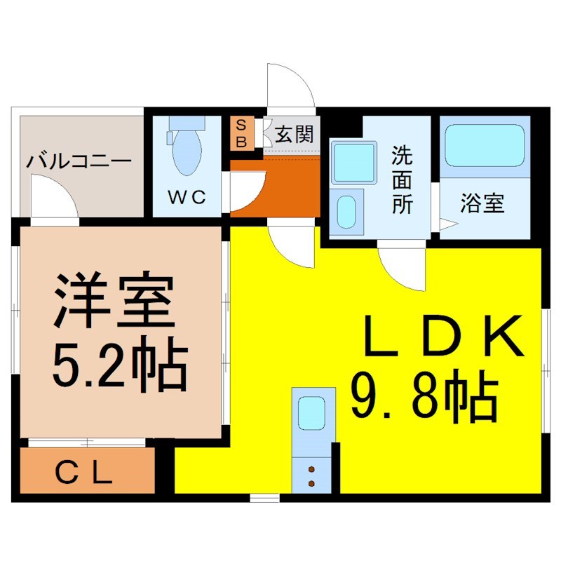 ハーモニーテラス柳田町II 間取図　ＬＤＫ9.8帖　洋室5.2帖