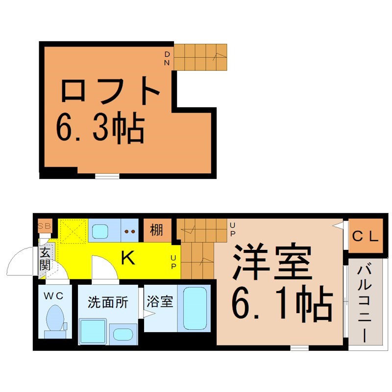 Ｃｌａｓｓｙ ｇａｒｄｅｎ歌里（クラッシーガーデンウタサト） 間取図　洋室6.1帖　ロフト6.3帖