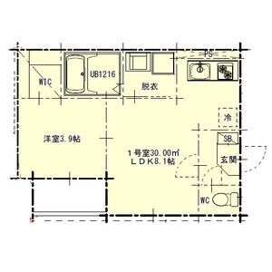 Ｐｒｅｍｉｒ（プレミール） 間取図　ＬＤＫ8.1帖　洋室3.9帖　脱衣洗面所　バルコニー