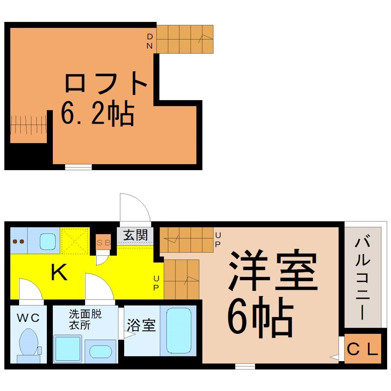 ハーモニーテラス浦里 間取図　洋室6帖　ロフト6.2帖　脱衣洗面所　バルコニー