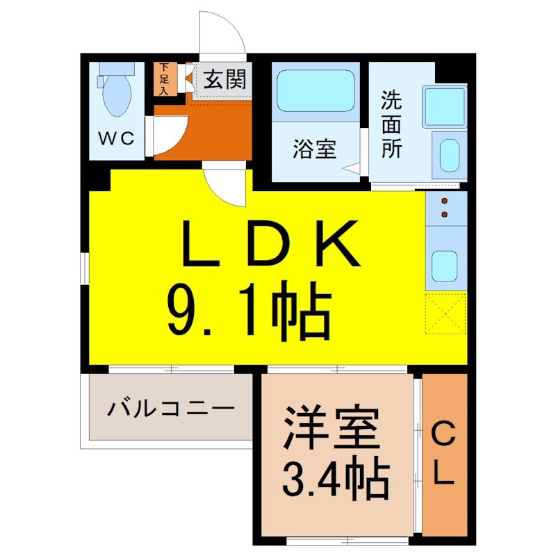 （仮称）緑区大高町字天神Ｂコーポ 間取図　ＬＤＫ9.1帖　洋室3.4帖