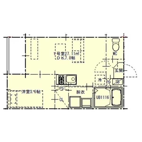 ハーモニーテラス明治Ⅳ 間取図　ＤＫ7.8帖　洋室3.6帖　脱衣洗面所　バルコニー