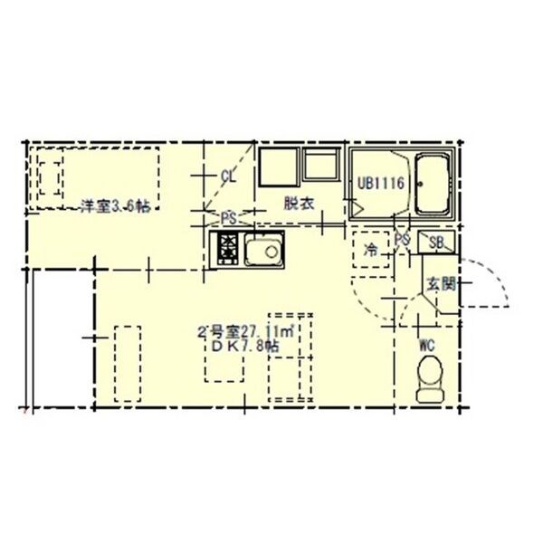 ハーモニーテラス明治Ⅳ 間取図　ＤＫ7.8帖　洋室3.6帖　脱衣洗面所　バルコニー