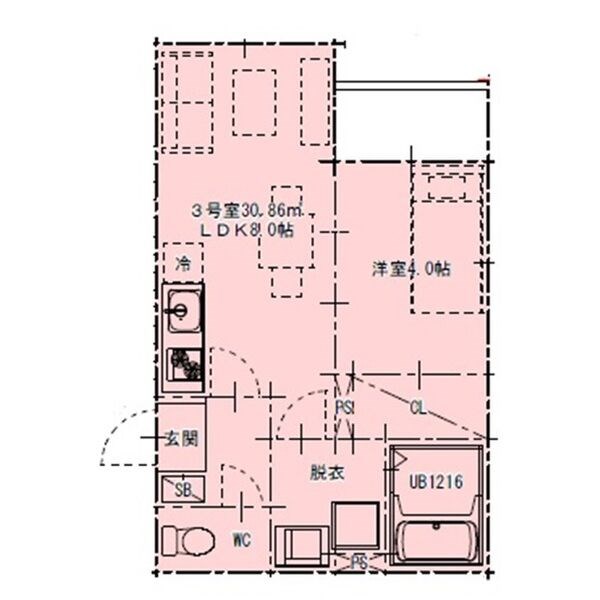 ハーモニーテラス明治Ⅳ 間取図　ＬＤＫ8帖　洋室4帖　脱衣洗面所　バルコニー