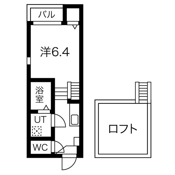 Ｌｅ Ｃｉｅｌ 六番町 間取図　洋室6.4帖　ロフト5.7帖　脱衣洗面所　バルコニー