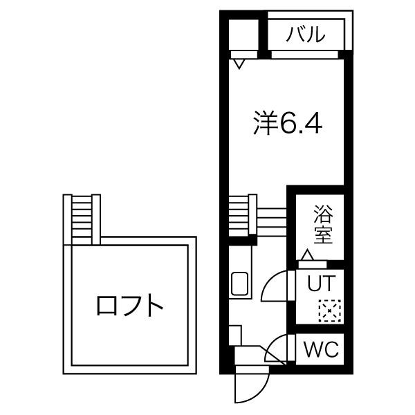 Ｌｅ Ｃｉｅｌ 六番町 間取図　洋室6.4帖　ロフト5.7帖　脱衣洗面所　バルコニー