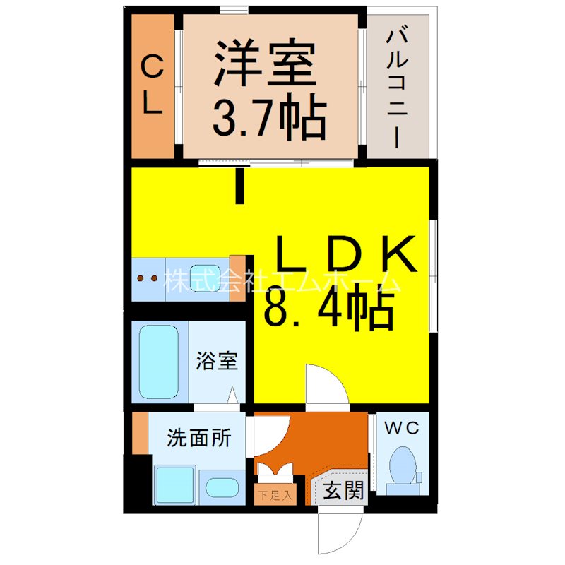 Ａｒｃａ Ｕｒｂａｎａ上飯田 間取図　ＬＤＫ8.4帖　洋室3.7帖　脱衣洗面所　バルコニー