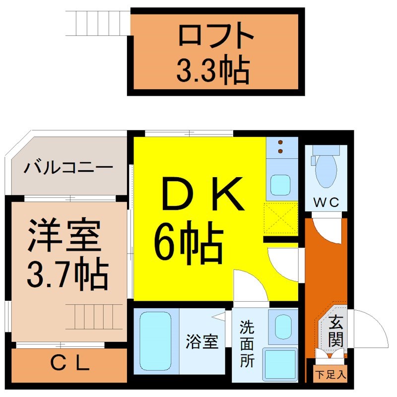 ＯＫＡＳＩＮ６９３１ 間取図　ＤＫ6帖　洋室3.7帖　ロフト付　脱衣洗面所