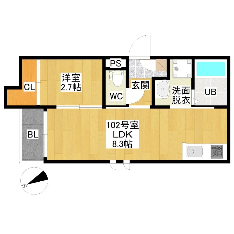 Ｇーｓｍａｒｔ桜山 間取図　ＬＤＫ8.3帖　洋室2.7帖　脱衣洗面所　バルコニー