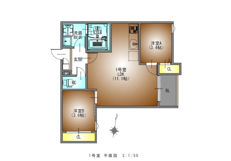 ＲＥＧＡＬＥＳＴサンメゾン新瑞橋 間取図　ＬＤＫ11.1帖　脱衣洗面所　バルコニー