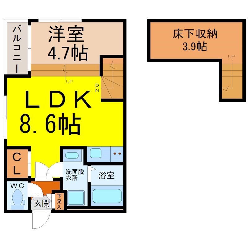 ハーモニーテラス四番III 間取図　ＬＤＫ8.6帖　洋室4.7帖　床下収納3.9帖