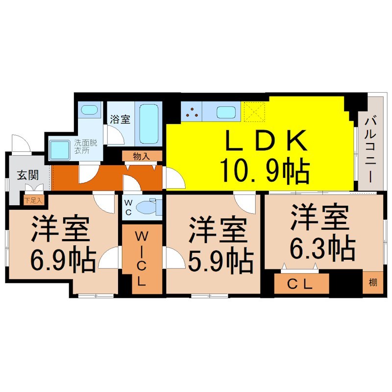 ベルスオーノ御器所 間取図　ＬＤＫ10.9帖　ウォークスルークローゼット